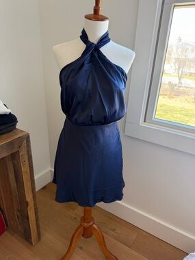 Lulu's Navy Satin Halter Mini Dress